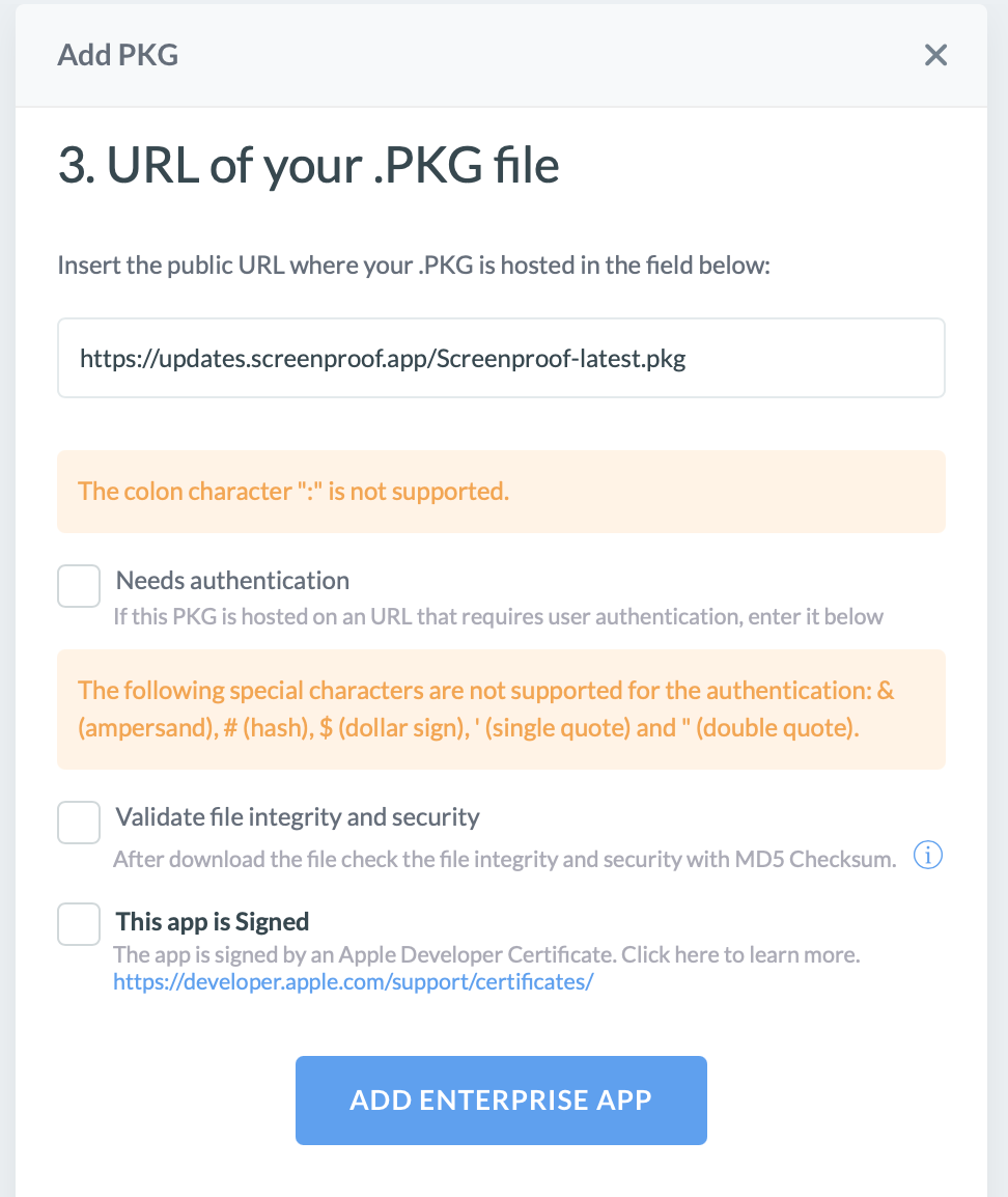 Mosyle Add PKG dialog with the Screenproof download URL