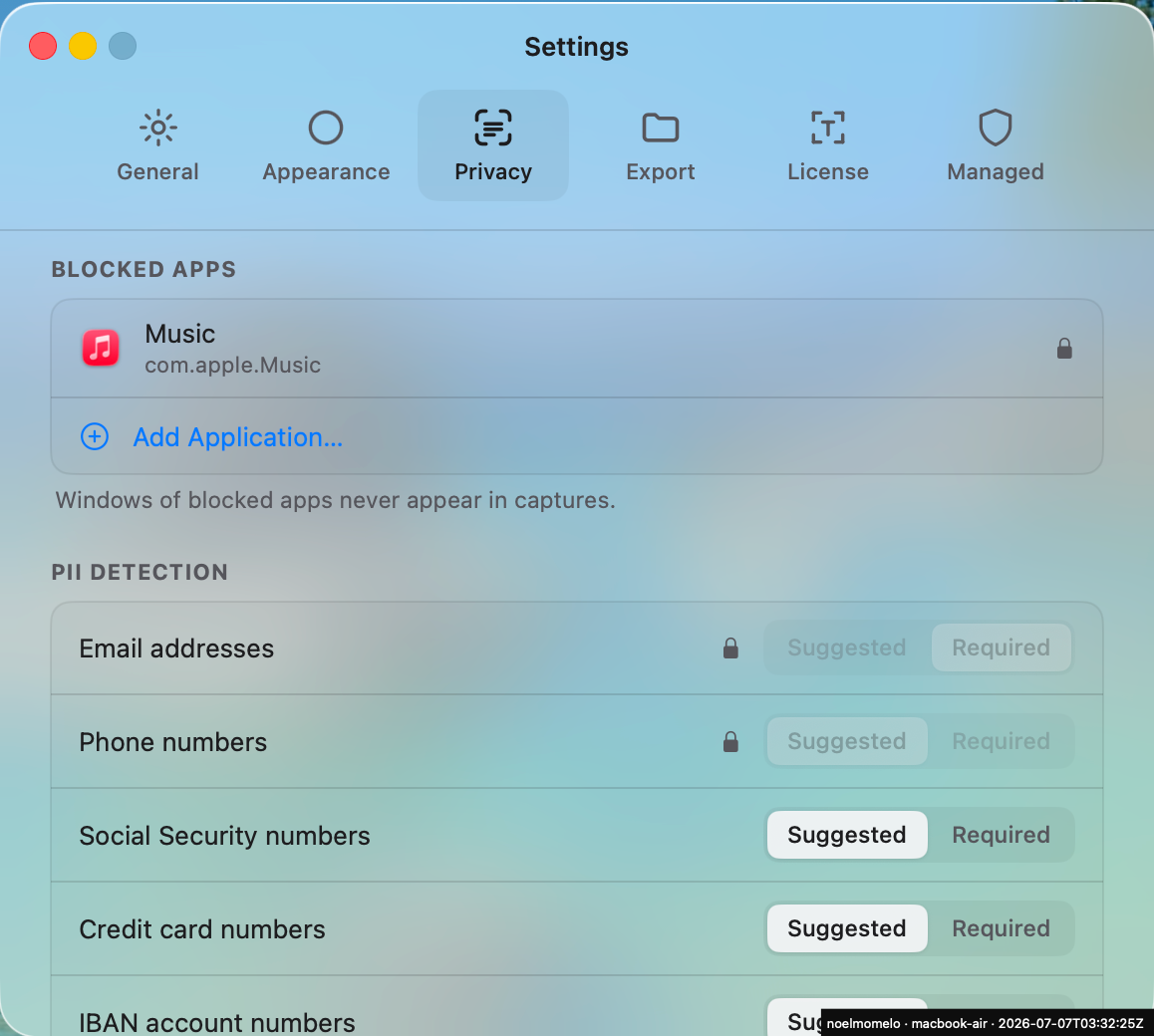 Privacy tab: profile-enforced blocked app and locked PII detectors