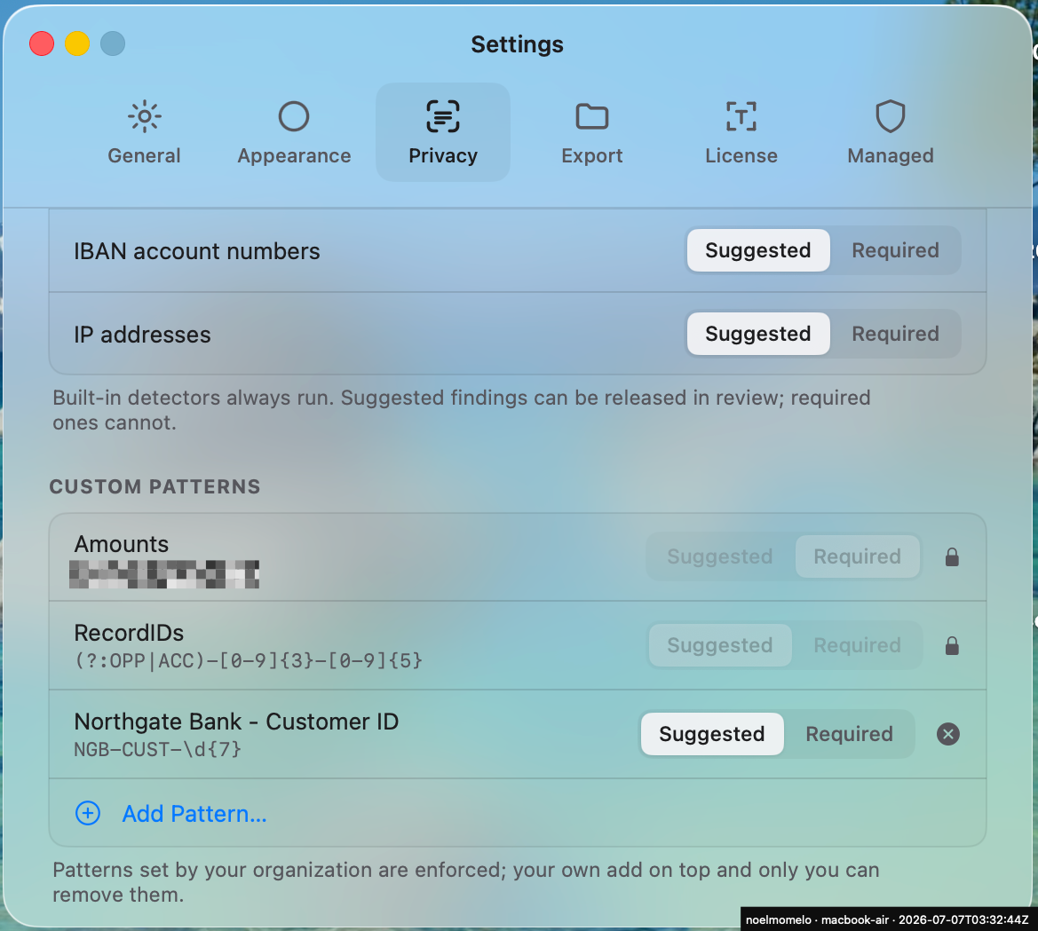 Privacy tab: managed patterns locked, a user-added pattern removable