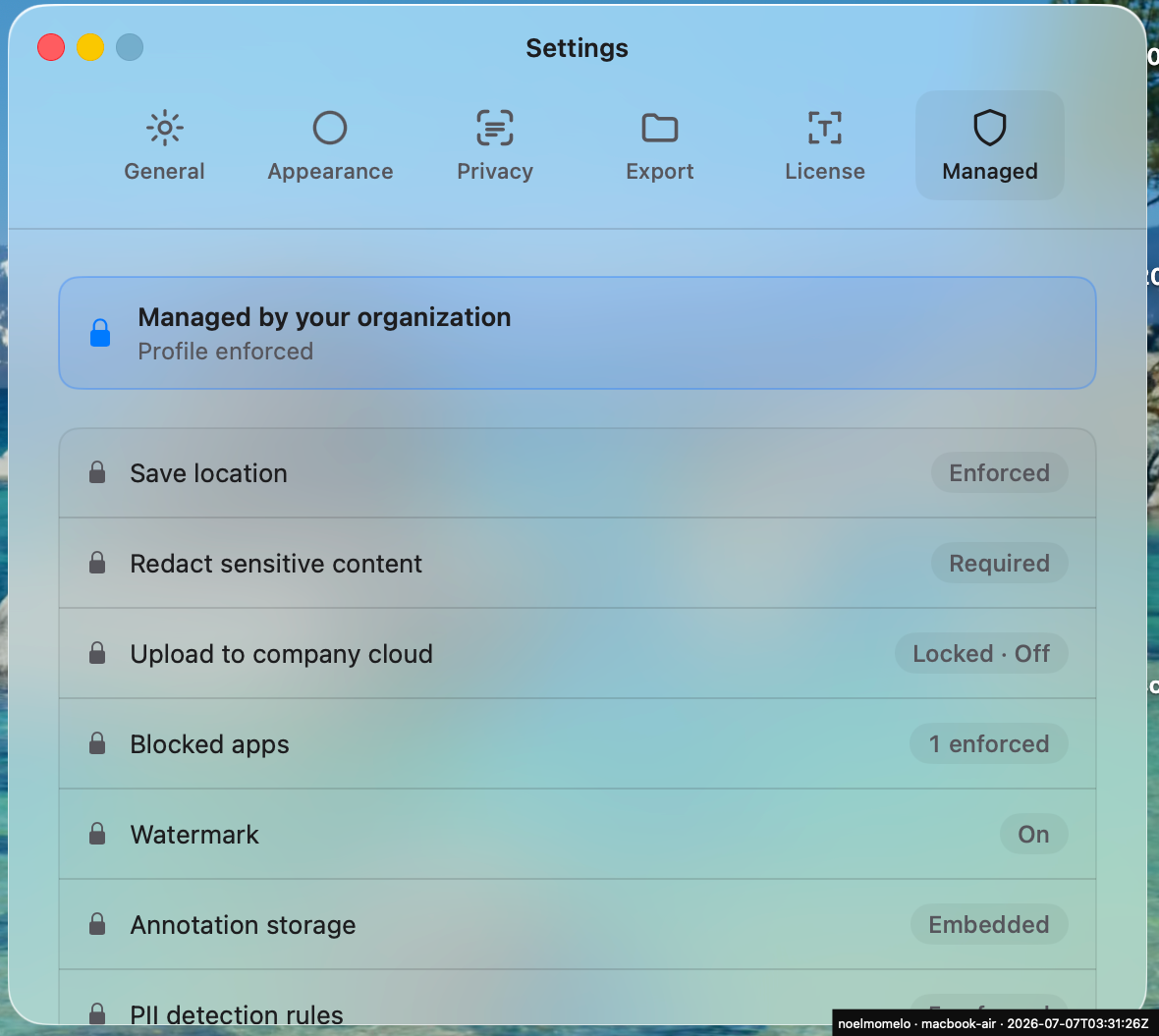 Screenproof Settings, Managed tab: Managed by your organization banner and enforced values